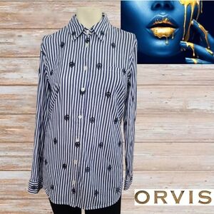 Orvis Blue and White Button Down Shirt Women with Notched‎ Collar